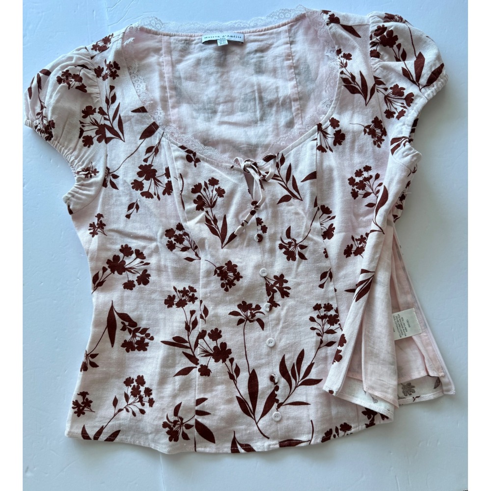 Maison d'Amélie Paris Linen Floral Lace Trim Blouse Pink XS Cottagecore Coquette